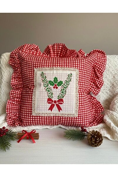 Ebruli Yılbaşı Christmas Temalı Pötikareli Dantel İşleme Kırlent Yastık Kılıfı
