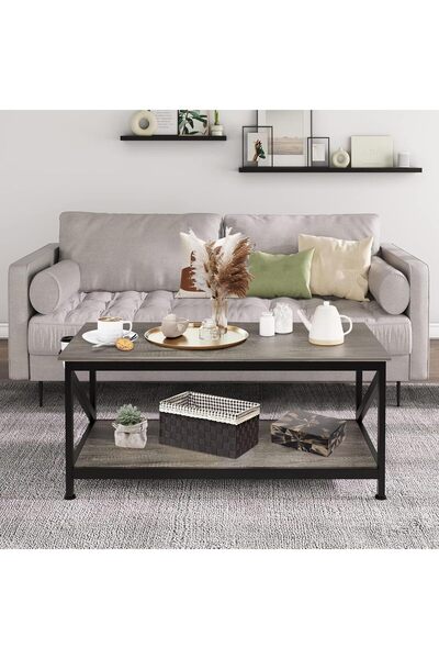 Gogoya Industrial Coffee Table with Double Shelves, Wooden Top & Black Metal Frame, 100×55 cm