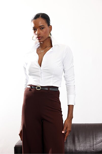 5in1Canpolat White V-Neck Stretch Fabric Slim Fit Shirt 16669