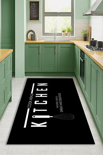 Kessy Home Studio Kitchen Yazılı Siyah Mutfak Halısı Dijital Baskı Kaymaz Tab...
