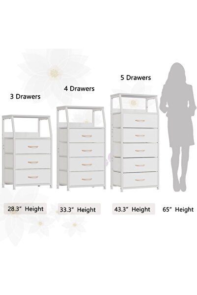 Gogoya 5-Drawer Fabric Dresser Vertical Storage Tower with Wooden Top & Steel Frame (White)