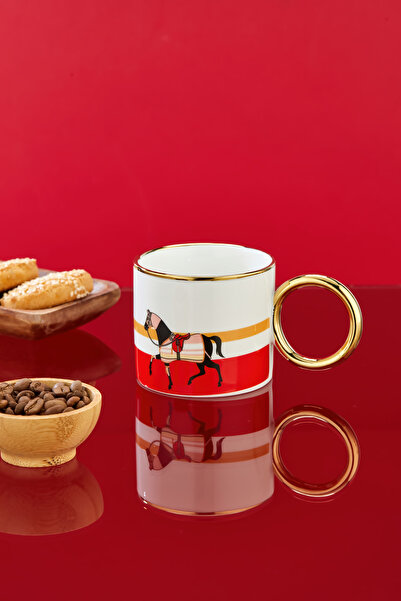 Cooker 200 ml Horse Patterned Porcelain Mug with Gold Handle (Kitchen, Office, Gift Mug)