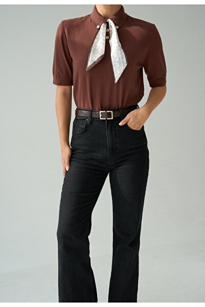 My Blog Brown Short Sleeve Scarf Sweater - 251153