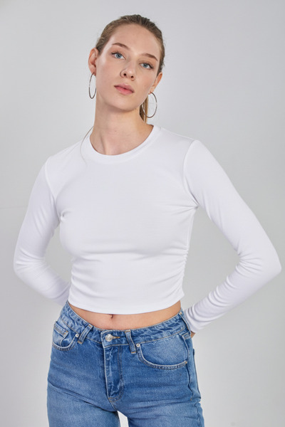 BARRELS AND OIL Women's side ruched long sleeve bodysuit - white