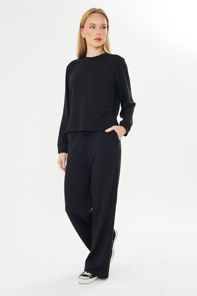 TRENDHİLL Women's Modal Fabric Comfortable Fit Tracksuit Set Black 8509-S