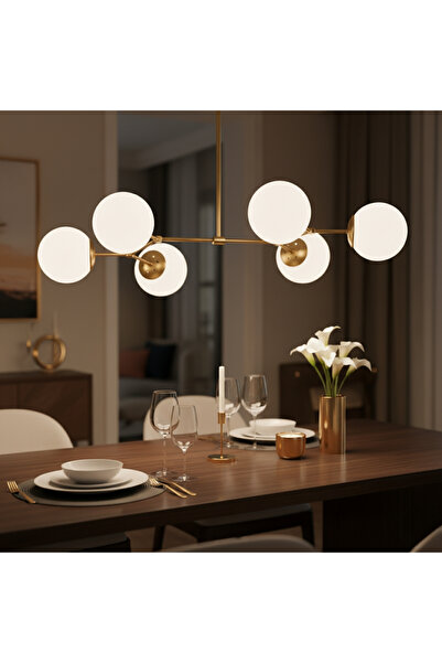 MOİRA Modern 6 Kollu Ahtapot Avize Beyaz Glop Camlı Metal Yemek Masası Avizes...