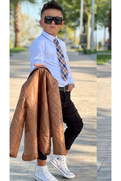 Riccotarz Boys' Classic Shirt with Tie Quilted Tan Coat Slim Pants Cut Pants Bottom Top Set