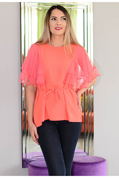 Elis Fashion Women's coral blouse with tulle sleeves and drawstring at the waist