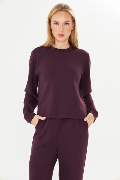 TRENDHİLL Women's Modal Fabric Comfortable Fit Tracksuit Set Burgundy 8509-Bo