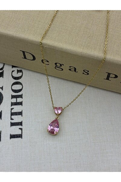 Hedef Bijuteri Steel Gold Color Drop and Heart Detailed Pink Zircon Stone Necklace
