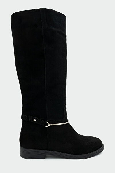 LAMİNTA Steve Black Suede Women's Detachable Gold Accessory Boots