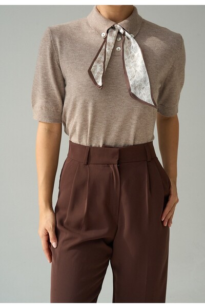 My Blog Beige Short Sleeve Scarf Sweater - 251153