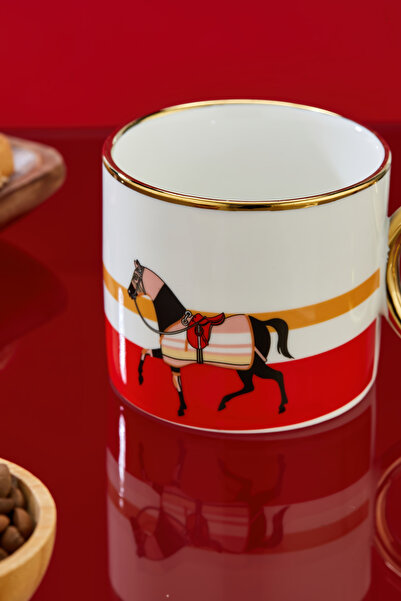 Cooker 200 ml Horse Patterned Porcelain Mug with Gold Handle (Kitchen, Office, Gift Mug)