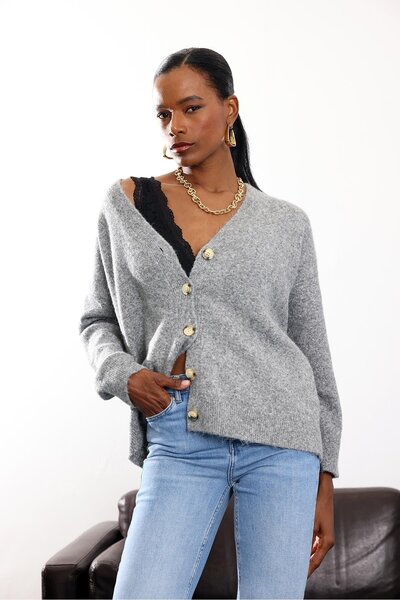 5in1Canpolat Gray Five Button Cardigan 251094