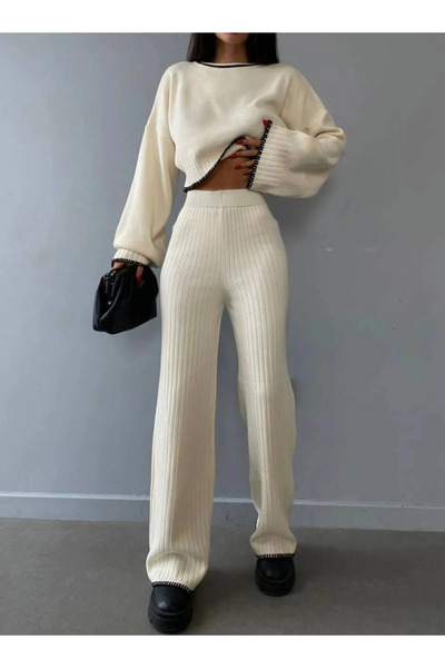 GALAVİP Women's Embroidered Detailed Knitwear Two-Piece Pants Set