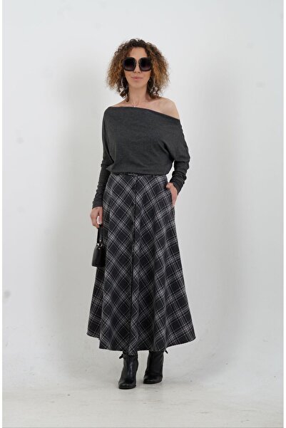 Zelish My Sister Füme Gri Önü Düğmeli Ekose Etek