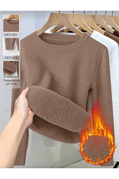 NEWCO Women's Fitted Crew Neck Ribbed Long Sleeve Wool Acrylic Sweater