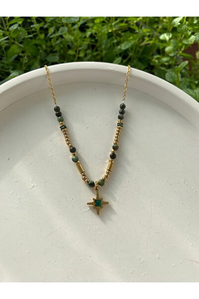 Anetta Jewelry Kadın altın renk yeşil akik doğal taşlı kuzey yıldızı uçlu kar...