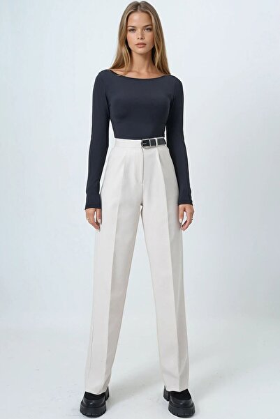 VAGGON Women's Cream Belted Button Closure Double Pocket Palazzo Pants Vs01458