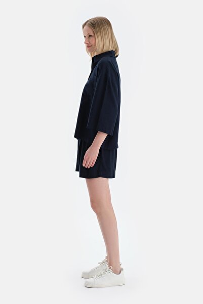 Dagi Navy Blue Long Sleeve Linen Lyocell Blend Woven Shirt