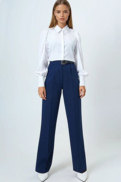 VAGGON Women's Navy Blue Belted Button Closure Double Pocket Palazzo Pants Vs01458