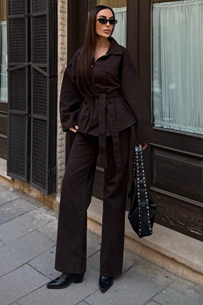 VAGGON Women's Bitter Brown Tie-Up Shirt and Palazzo Pants Denim Suit with 5 Pockets Vs01637