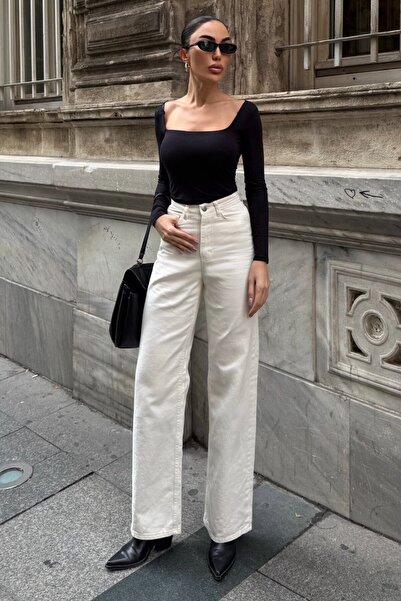 VAGGON Women's Cream 5-Pocket High Waist Palazzo Jeans Vs01638