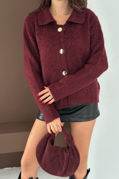 FEMELLE Women's Burgundy Textured Gold Button Cardigan Standard Size