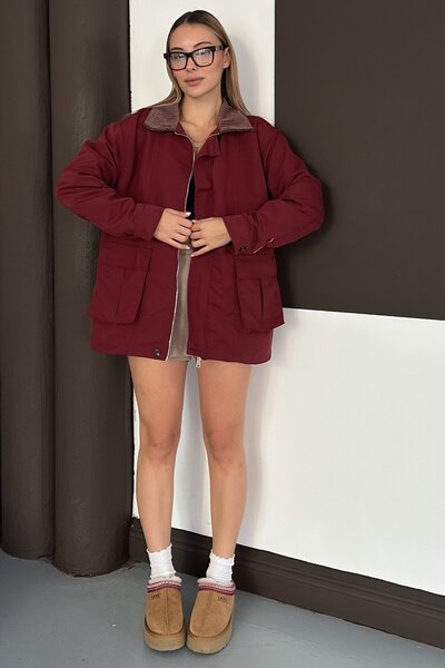 VAGGON Women's Burgundy Velvet Collar Double Pocket Lined Zipper Closure Jacket Vs01644