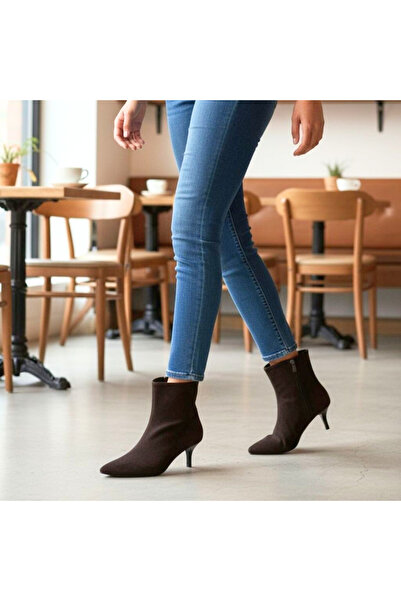 NE&VE SHOES Kahve Süet Sivri Burun Kadın Klasik Bot