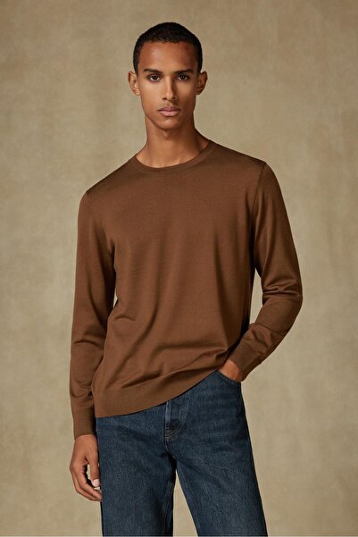 Abbate Salvano Knitted 100% Wool Modern Fit Brown Crew Neck Men's Plain Knitwear