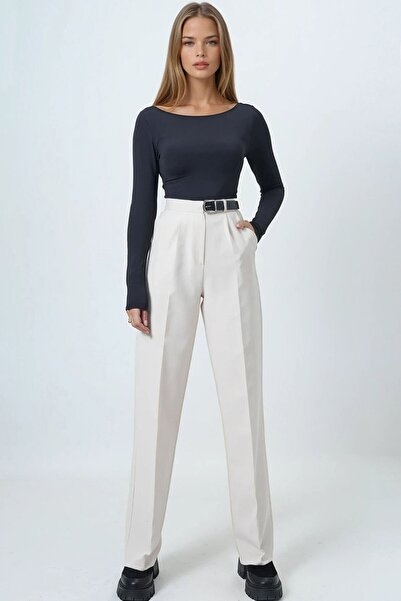 VAGGON Women's Cream Belted Button Closure Double Pocket Palazzo Pants Vs01458