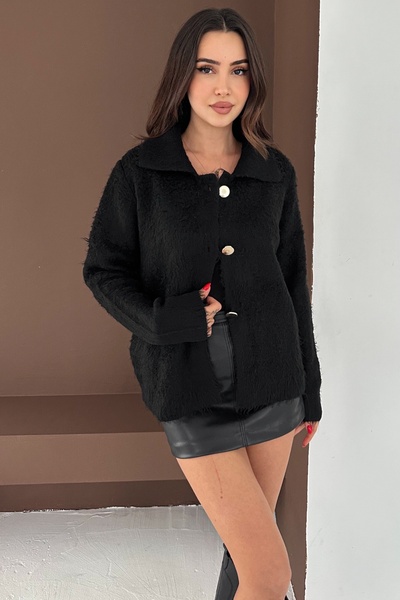 FEMELLE Women's Black Textured Gold Button Cardigan Standard Size