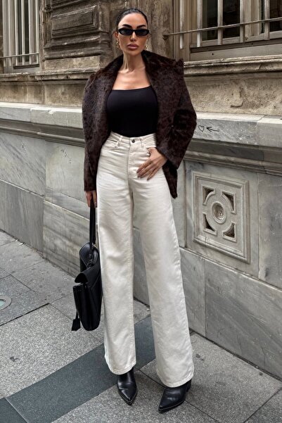 VAGGON Women's Cream 5-Pocket High Waist Palazzo Jeans Vs01638