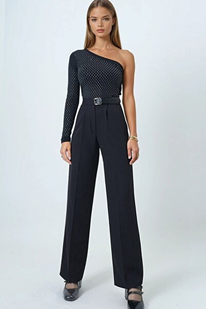 VAGGON Women's Black Belted Button Closure Double Pocket Palazzo Pants Vs01458