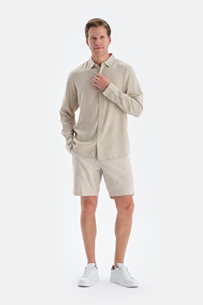 Dagi Stone Long Sleeve Linen Lyocell Contrast Shirt