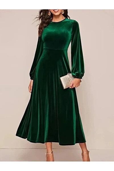 civetta Womenlong Sleeve Crew Neck Midi Velvet Dress