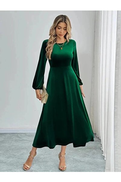civetta Womenlong Sleeve Crew Neck Midi Velvet Dress