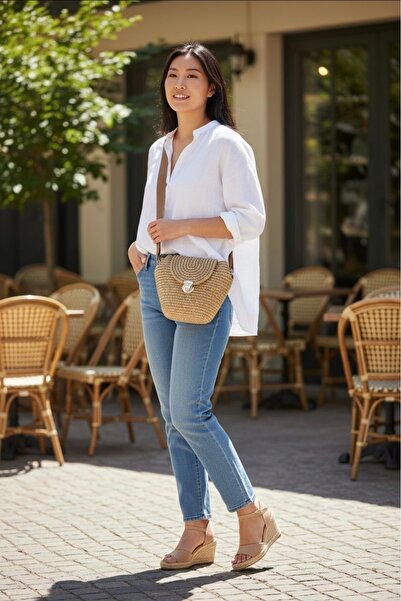 kumazonedesign Bambu Renk Hasır Çapraz Askılı Kadın Çanta