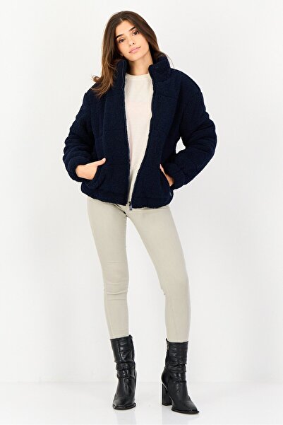 French Connection Women Textured Faux Fur Jacket, Navy