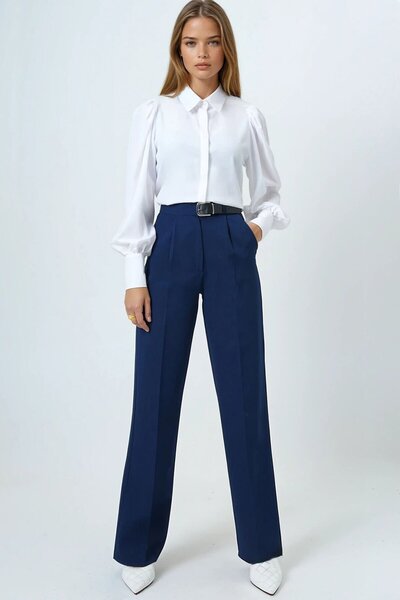 VAGGON Women's Navy Blue Belted Button Closure Double Pocket Palazzo Pants Vs01458