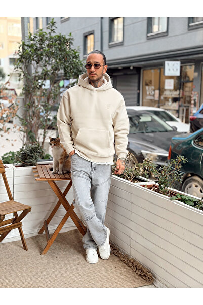 manch collection Oversized Basic Fleece-Lined Hoodie Cream