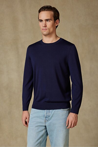 Abbate Salvano Knitted 100% Wool Modern Fit Navy Blue Crew Neck Men's Plain Knitwear
