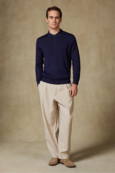 Abbate Nord Knitted 100% Wool Modern Fit Navy Blue Polo Neck Men's Plain Knitwear