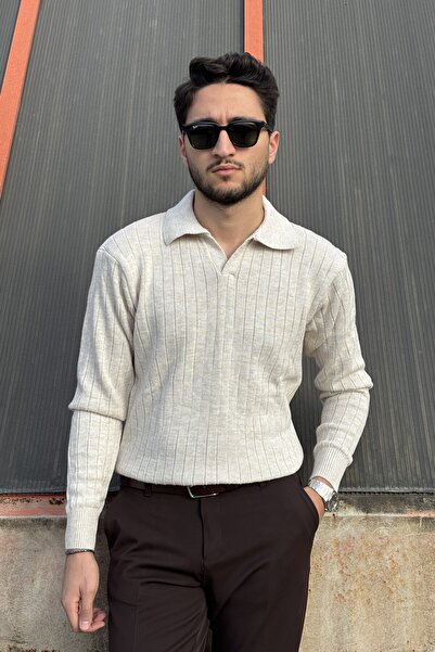 inpool Men'S, Old Money Culture, Line Look, Polo Collar, Knitwear Sweater Pltk09