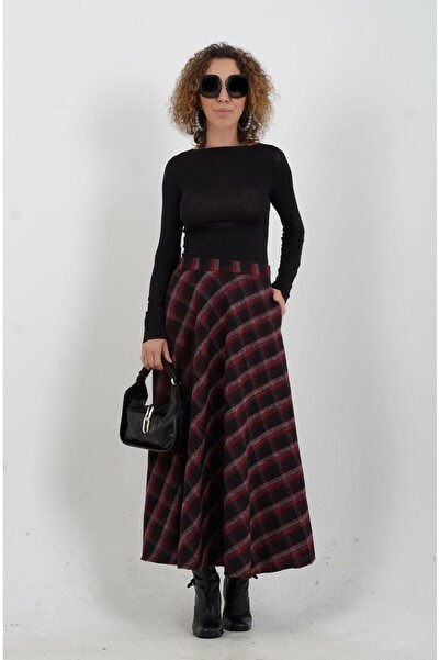 Zelish My Sister Siyah Bordo Ekoseli Cepli Etek