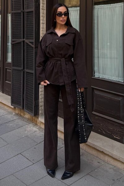 VAGGON Women's Bitter Brown Tie-Up Shirt and Palazzo Pants Denim Suit with 5 Pockets Vs01637
