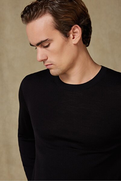 Abbate Salvano Knitted 100% Wool Modern Fit Black Crew Neck Men's Plain Knitwear