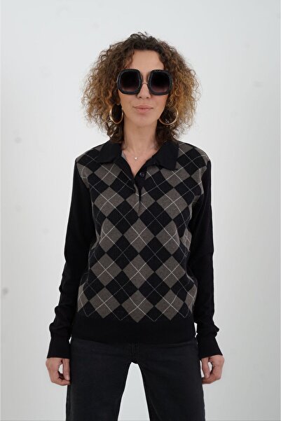 Zelish My Sister Black baklava pattern polo neck sweater