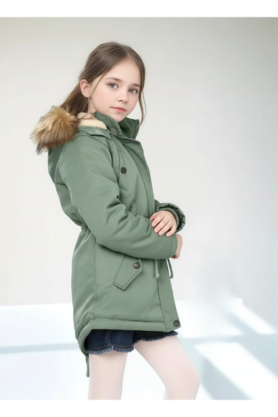 Wild Flower Hooded Long Girl's Winter Coat with Fleece Inside